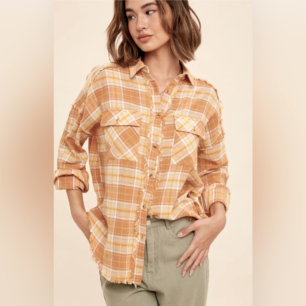 In Loom Boho Lightweight Washed Plaid Button Down Shirt with Frayed Edge M